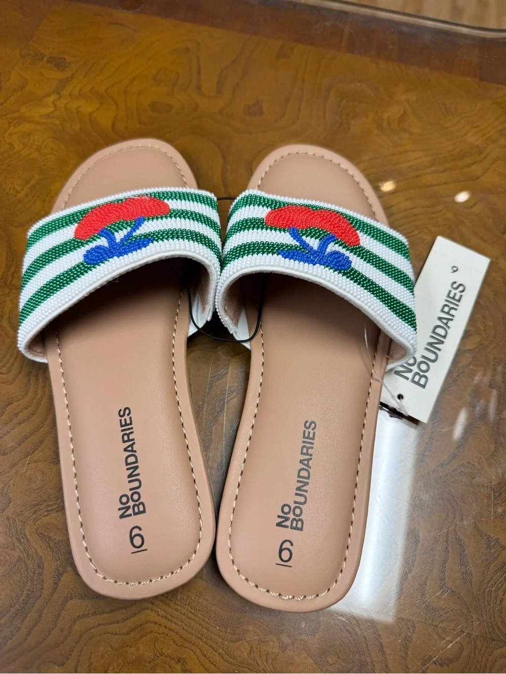 No Boundaries Pink Slide Sandals with Green Stripe and Red Cherry Embroidery